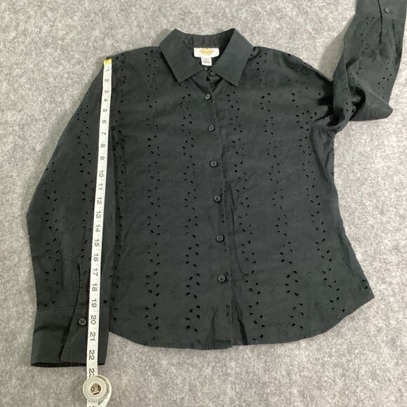 Talbot's Woman Black Eyelet Blouse Button Front Long Sleeves Size 6 Cotton - Picture 11 of 13